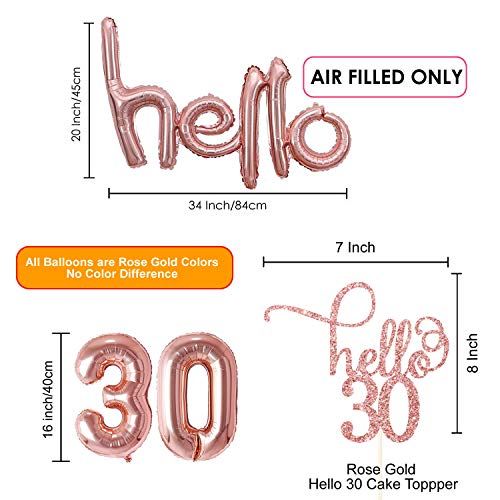 30th Birthday Rose Gold Hello 30 Script Letter Balloons Decorations Backdrop Decor For Her with Hello Thirty Birthday Party Cake Topper
