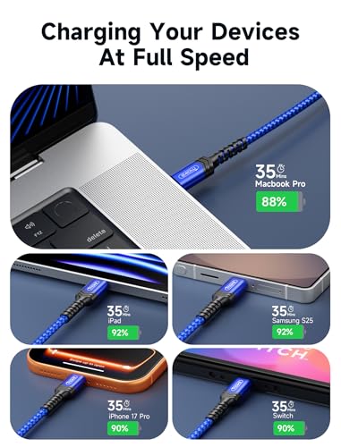 Image of JSAUX 240W USB C to USB C Cable 6.6FT&10FT, Type C Fast Charging Cord, Blue | 240 Watt PD Fast Charging Cord for MacBook, iPad, Dell XPS, iPhone 17 /16 /15 series, Galaxy S26 /S25 /S24 and Pixel