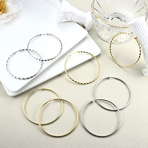 Sanfenly 8Pcs Clip On Hoop Earrings for Women Stainless Steel, Silver Gold Non Piercing Big Hoop Earring Hypoallergenic Twisted Hoop Earrings for Non Pierced Lightweight Ears2