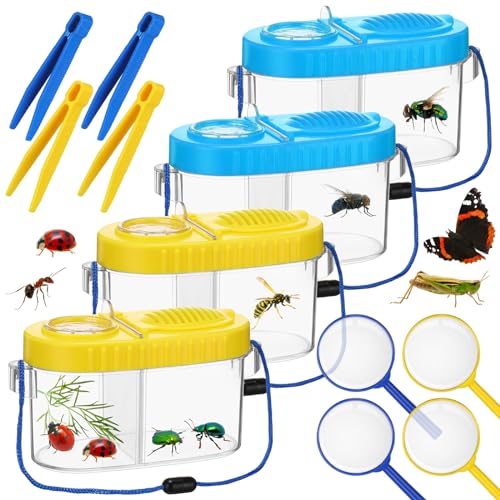 Halloscume 4 Sets Bug Collection Kit for Kids Explorer Outdoor Kit with Bug Containers for Insects Magnifying Glass Tweezers Nature Exploration Gift Toy for Girls Boys(2 Colors)