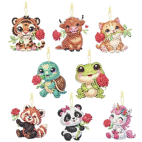 Masendp 8 Piece 5D DIY Animal Diamond Painting Double Sided Keychain Set Flower Diamond Pendant Hanging Animal Art Decoration for Adult Beginner Pack Birthday Family Party Decoration