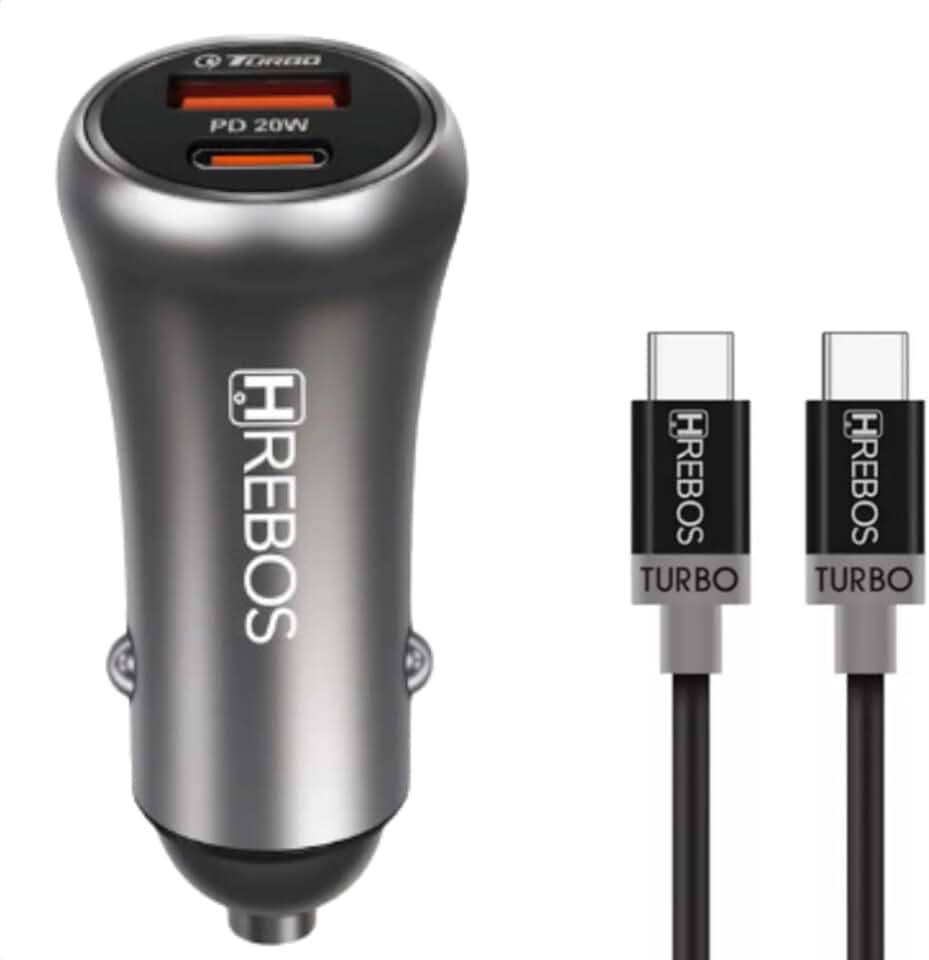 Hrebos Carregador Veicular Turbo + Cabo USB Tipo C para iPhone 15 Plus/Pro/Max