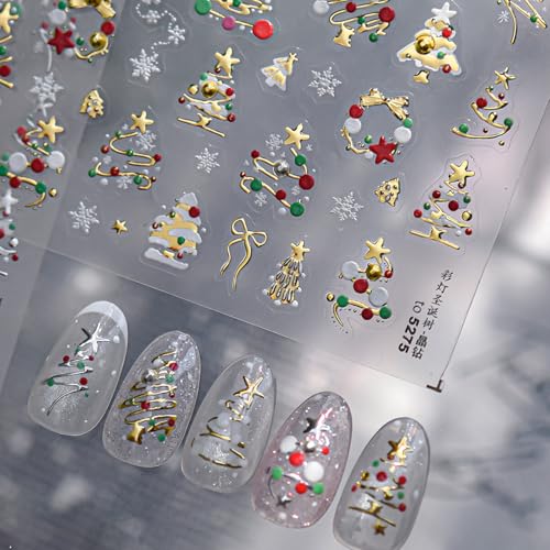 Image of Christmas Tree Nail Stickers Gold Nail Art Stickers Xmas Nail Decals with Pearl Design Snowflake Nails Art Decals 5D Embossed Self Adhesive Nails Charms for Women Girls Manicure Decoration Accessories