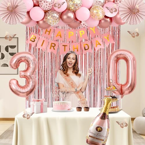 30th Birthday Decorations for Women, Rose Gold Happy 30th Birthday Decorations for Her, 30 Sash and Crown, Banner, Fringe Curtains, Hanging Paper Fans, 30 Year Old Party Supplies Set by Juesly - Used condition - Image 6