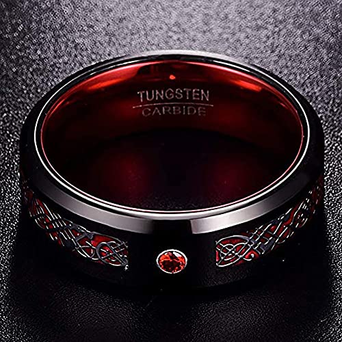 QUEENWISH 8mm Red&Black Tungsten Wedding Rings with Statement Leather Necklace Cord, Silver Infinity Celtic Knot Created Zircon Gemstone Inlay Engagement Rings Men Women Jewelry Comfort Fit Size 11 - Thumbnail 3