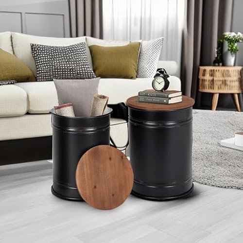 RUSTOWN Farmhouse Accent Side Table, Rustic Storage Ottoman Seat Stool, Galvanized Antique Metal End Table Box Bin with Round Wood Lid, Coffee or Cocktail Table, Nesting Pieces Two (Black) - Thumbnail 5