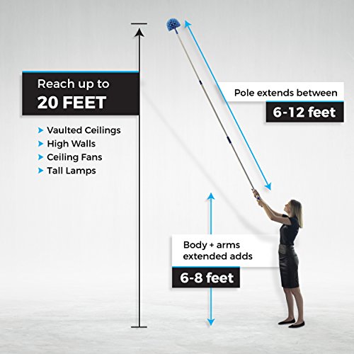 Cobweb Duster, Extendable Reach 20 Feet, Ceiling Fan Duster | 3-Stage Aluminum Telescoping Pole | Medium Stiff Bristles | Long Handle Webster Duster For Cleaning | U.s Duster Co. #TOP2