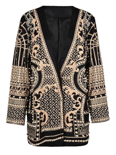 Women White Pearl Nailed Formal Blazer V-Neck Long Sleeve Loose Fit Jacket Spring Autumn 2023