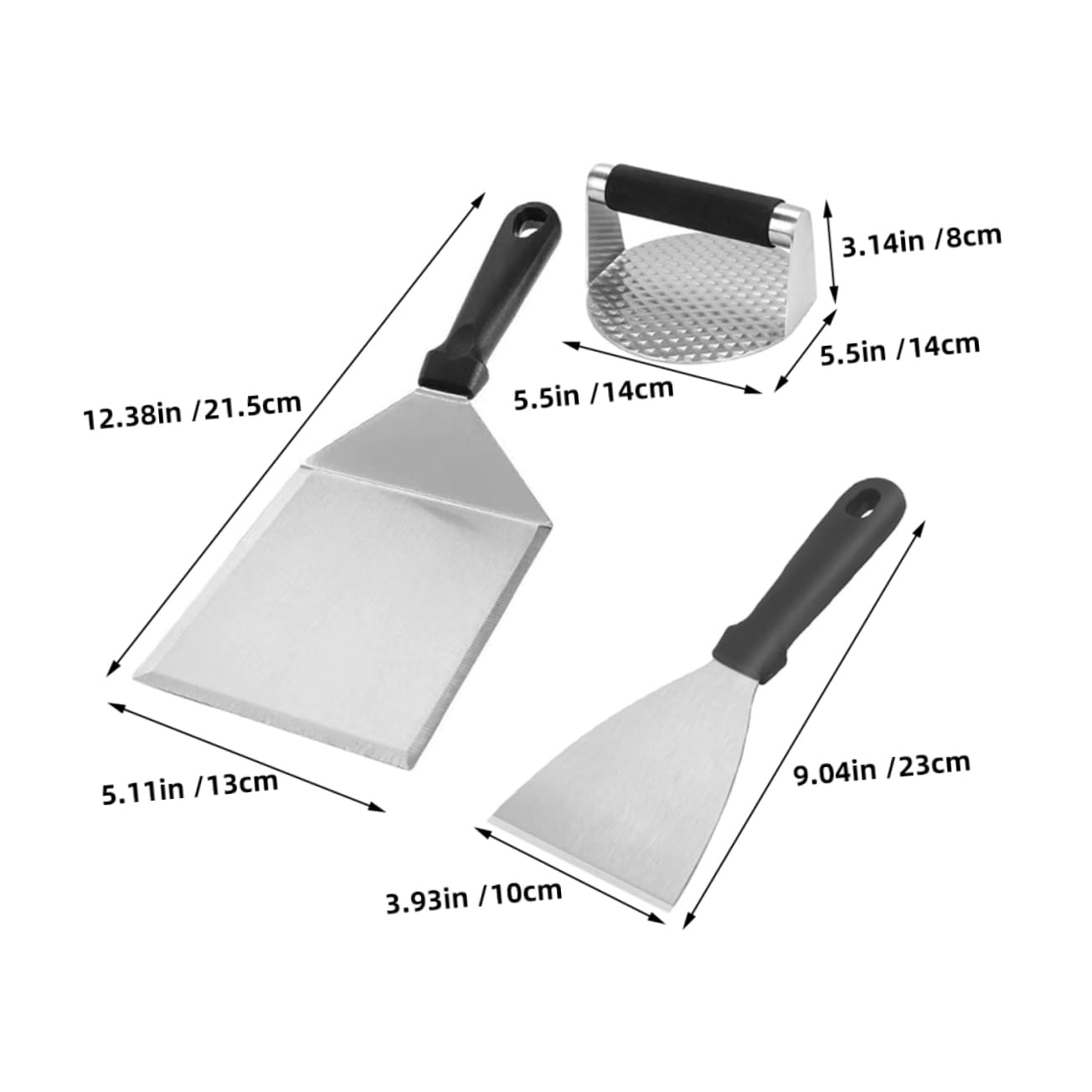Set Utensili Barbecue 3 Pezzi in Acciaio Inossidabile | Impugnatura Pp, Pressa per Bistecca e Spatola, Uso Cucina e Burger Fai da Te