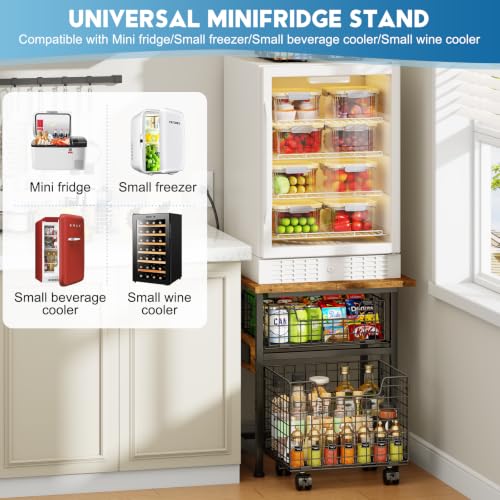 Image of Mini Fridge Stand with Storage and Power Outlet, Small Refrigerator Stand | Mini Fridge Shelf with 2 Drawers -Max Load 300 LBS Heavy Microwave Stand Mini Fridge Cart for Dorm, Apartment, Kitchen