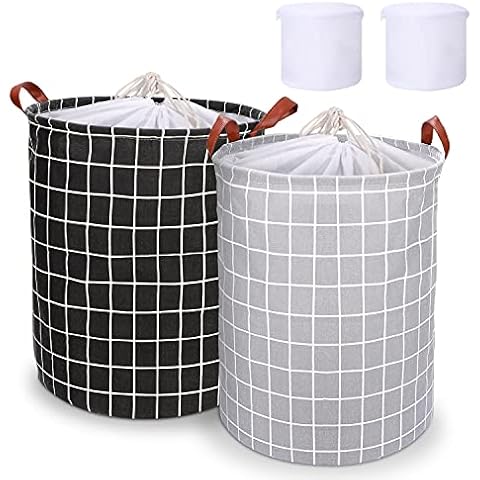 Tiikiy Laundry Basket, 62.8L Large Washing Basket 2Pcs, Collapsible Laundry Hamper with Leather Handle, Waterproof Coating Laundry Bin with Laundry Bag, Cotton Storage Basket,15.7 × 15.7 × 19.7 Inch Cover