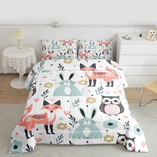 Image of Feelyou Fox Rabbit Owl Comforter Set Toddler Size, Cartoon Fox Comforter for Kids Toddler Cute Rabbit Comforter Set Toddler Size Tropical Kawaii Animal Duvet Set Durable Quilt Set