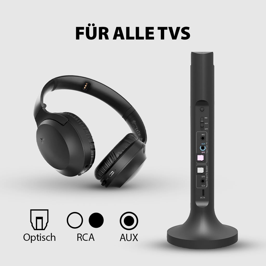 Avantree Opera – Kabellose TV Funkkopfhörer zum Fernsehen, guter Ton, Bequeme Passform für Senioren 35 Std. Bluetooth Kopfhörer, Passthrough Funktion, 50m Reichweite, Sender & Ladestation 2 in 1