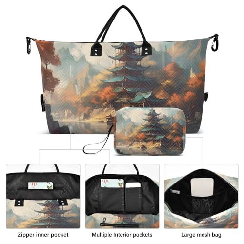Large Travel Duffel Bag, Chinese Style Building Sports Tote Gym Bag, Shoulder Weekender Overnight Bag for Women Men, Carry On Luggage with Toiletry Bags2
