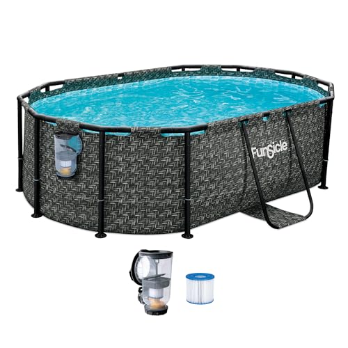 Funsicle Oval Oasis Designer 9 10 x 6 7 x 33 Above Ground Swimming Pool with FiltraBoost 400 GPH Filter Pump with AutoSkimmer Type I Filter Cartridge & Repair Patch Dark Herringbone