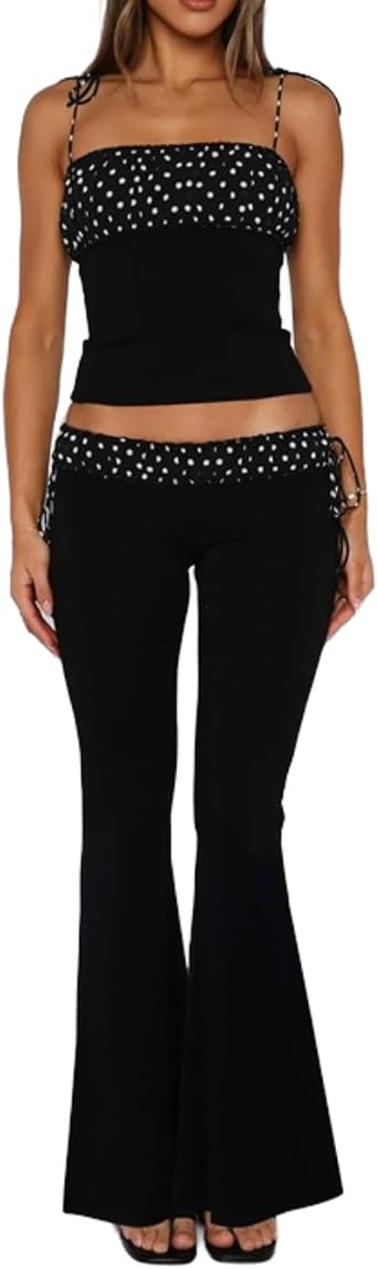 REASERAL Womens Polka Dot 2 Piece Sets Camisloe Tops Crop Top Bodycon Flared Pants Y2K Clubwear Going Out Outfits