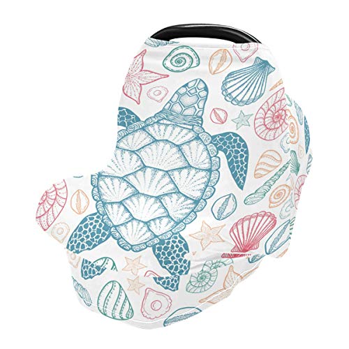 Image of Sea Turtle Starfish Shells Baby Car Seat Covers, Nursing Cover Breastfeeding Scarf Soft Breathable Stretchy Coverage, Infant Stroller Cover for Boys Girls