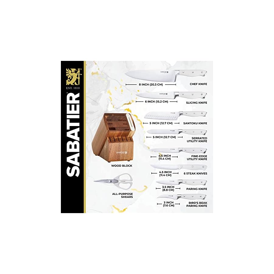 Sabatier 15-Piece Forged Triple Rivet Knife Block Set with Built-in Sharpener, High-Carbon Stainless Steel Kitchen Knives, Razor-Sharp Knife set with Acacia Block and Edgekeeper Technology, White