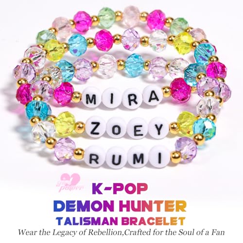 AICase for Kpop Demon Hunters Merch Rumi Zoey Mira Inspired Bracelets 3 Pcs Stackable Stretch Friendship Beaded Crystal Bracelets for Huntrix k pop Unique Merchandise Jewelry Gifts for Fans Women_703