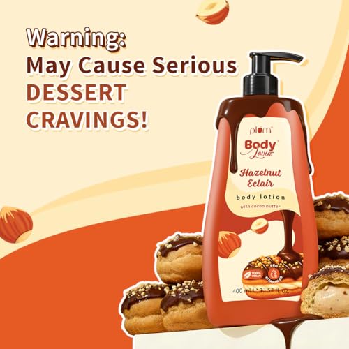 Image of Plum BodyLovin' Hazelnut Eclair Body Lotion | Cocoa Butter & Vitamin B5 for Deep Moisturization | Hazelnut & Vanilla Notes | Non-Greasy & Lightweight | Soft, Smooth & Glazed Skin | For Dry To Very Dry Skin | Toasted Nutty Choco-Vanilla Fragrance | 400ml