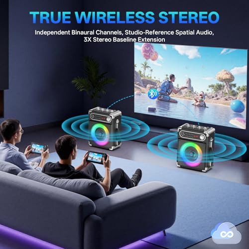 Image of JYX Karaoke Machine with Two Wireless Microphones, Portable Bluetooth Speaker with Bass /Treble Adjustment, PA System with Remote Control, LED Lights,Supports TF Card /USB /AUX /TWS