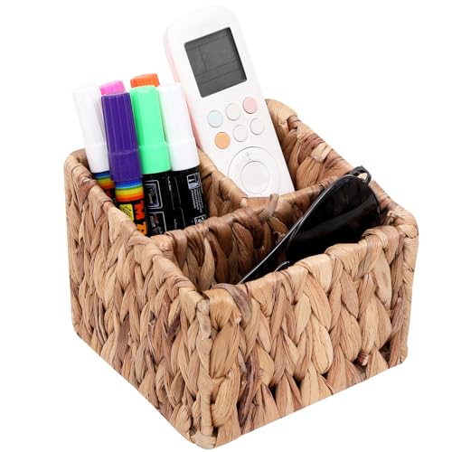 Wicker Remote Control Holder Hand Woven Water Hyacinth Storage Basket with 3 Compartments,Cosmetic Storage Box for Desk,Home Organization