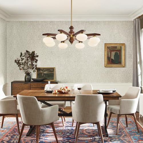 Image of 8-Light Chandelier, Mid Century Gold Chandelier with Milk Glass Shades, Wood Dining Room Light Fixture