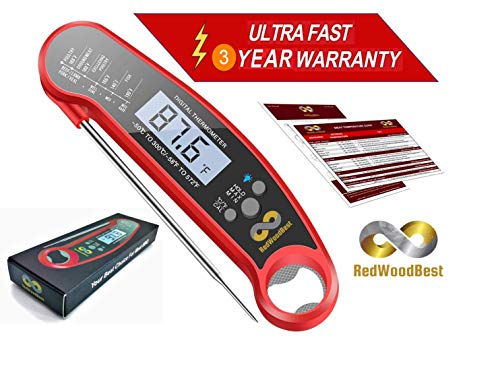 RedWoodBest Waterproof Instant Read Ultra Fast Digital Meat Thermometer with Backlight & Calibration