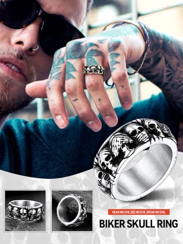 FaithHeart Skull Rings for Men Gothic Punk Stainless Steel Band Rings Biker Skeleton Thumb Ring Cocktail Party Jewelry with Gift Box2