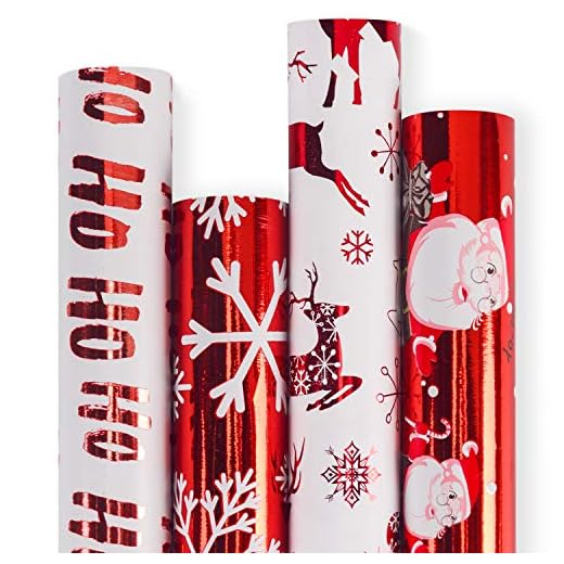 Rollo de Papel de Regalo Navideño - Papel Rojo y Blanco con Brillo Metálico de Lámina Brillante Adjunto- Colección de Elementos Navideños - 4 Rollos - 76cm X 305cm Por Rollo
