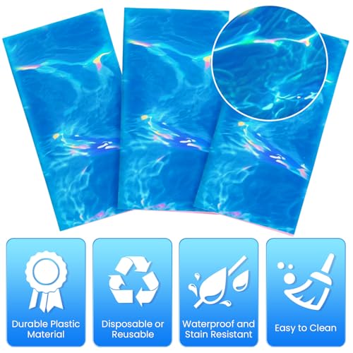 Image of 3 Pcs Iridescent Ocean Waves Tablecloths, 54 x 108 Inch Disposable Plastic Ocean Table Cloth, Water Print Tablecloths Ocean Table Cover for Beach Pool Sea Theme Party Decorations