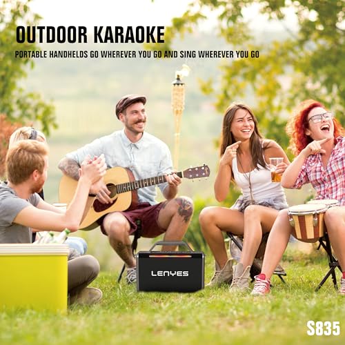 Image of Lenyes S835 200W Portable Karaoke Speaker, 2 Wireless Rechargeable UHF Mics, 20000mAh Battery, 10Hr Playtime, Type-C Fast Charging, TWS, Guitar AUX Input, Remote Control, EQ Modes (Black)