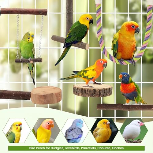 Image of 8PCS Natural Wood Bird Perches, Parrot Perch Stand & Chewing Toy with Multi-Branch & Rope, Cage Accessories for Parakeets, Conures, Cockatiels, Lovebirds, Budgies