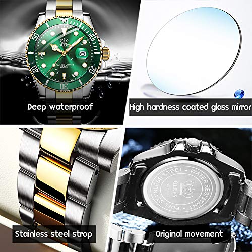 Image of OLEVS Watches for Men Classic with Date Business Dress Luxury Big Face Green /Black /Blue Waterproof Luminous Mens Wrist Watch Analog Two Tone Stainless Steel Men Watch