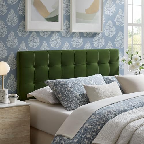 Image of Modway Lily Performance Velvet Queen Size Headboard with Biscuit Tufting in Moss Green - Stain-Resistant Upholstery with Padded Design and 5 Height-Adjustable Mounts