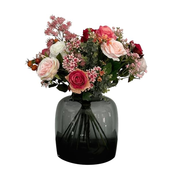 Kunstblumenstrauß Flammenrosen 45cm | Handgebundener Strauß mit Kunstrosen, Beeren & Laub, Hochwertige künstliche Blumen, Für Zuhause & Geschenkideen