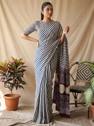 Image of AKHILAM Women's Pure Crepe Striped Printed Saree With Unstitched Blouse Piece