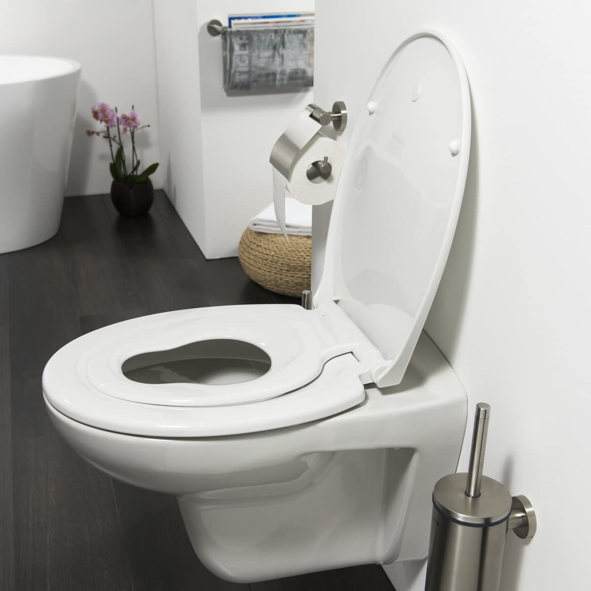 Tiger Tulsa Toilettensitz mit integriertem Kindersitz, WC-Sitz mit Absenkautomatik und Easy-Clean-Funktion, integrierter Sitz für Kinder mit magnetischer Halterung, Weiß, Edelstahlbefestigung