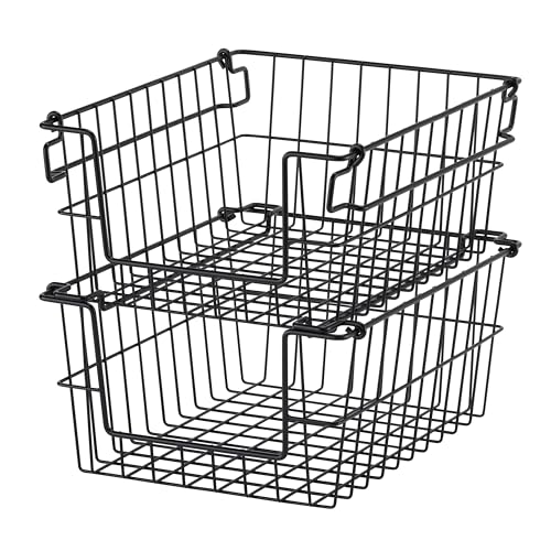 TRINITY 2-Pack Stackable Metal Wire Storage Baskets With Handles, Black, 11 Inches