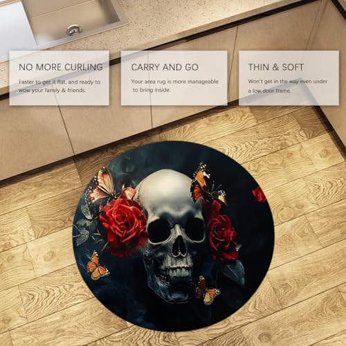 Tapis cercle crâne papillon noir et rose lavable grand format