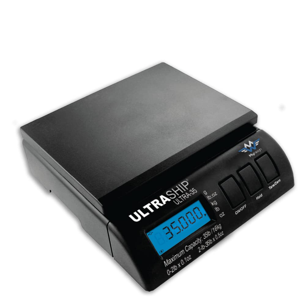 My WeighUltraship 35 Dual Range Parcel Shipping Scales with Removable Display 35lb/16kg Capacity with Dual Readability 2g 0-1kg and 5g 1kg-16kg + UK/EU Mains Power Adaptor