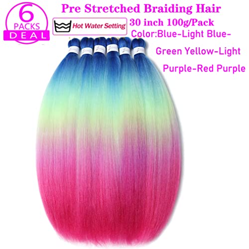 Pre Stretched Braiding Hair Extensions 30 Inch 6 Packs Long Professional Crochet Twist Braids Hair High Temperature Synthetic Fiber Yaki Texture(30",Blue-Light Blue-Green Yellow -Light Purple-Red Purple) #TOP1