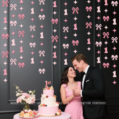 Image of Pink Bow One Birthday Decorations Pink Glitter Paper Star Bow 1st Hanging Garland Streamer Banner for Happy First Birthday Baby Girl Bday Decor or 1st Anniversary Party Decorations Supplies