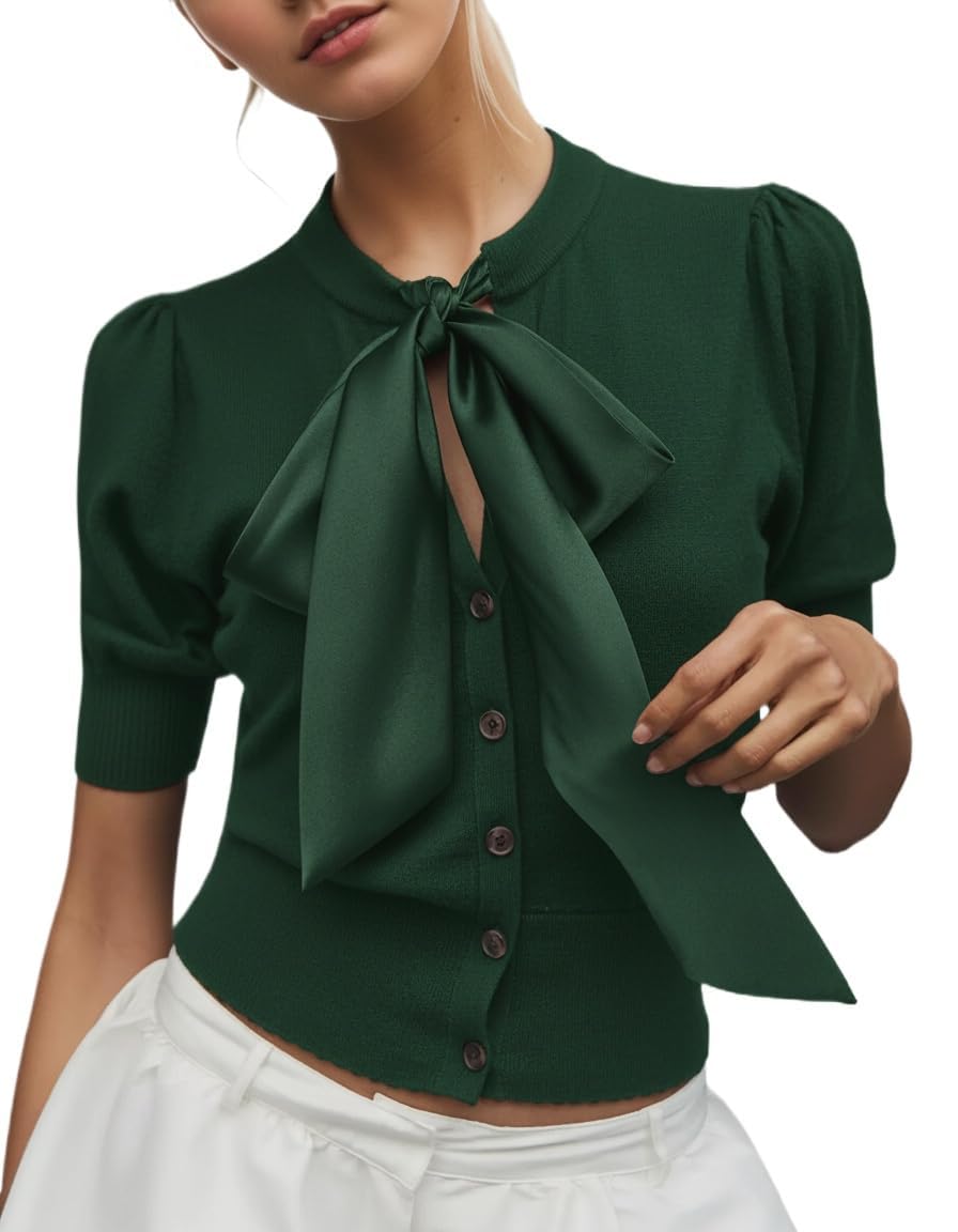 Bow Short Sleeve Sweaters for Women Puff Sleeve Tie Front Button Down Cropped Cardigan Sweater Summer Fall Knit