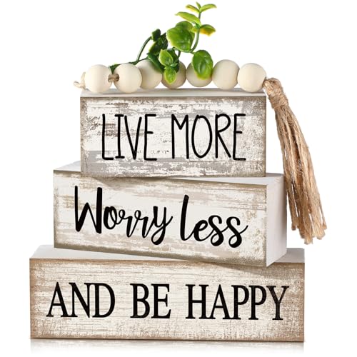 Image of Moucuny 4 Pcs Inspirational Farmhouse Table Decor Rustic Stacked Wooden Block Sign - Live More Worry Less Be Happy Centerpieces Set with Beaded Tassel and Artificial Plant for Home, Office, Shelf Gift
