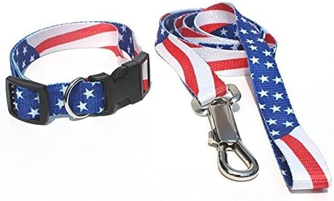 Soapberry Naturals Patriot Collar & Leash for Dogs, Adjustable Collar 12"-18", Leash 4' Long, 3/4" Wide, Red White and Blue