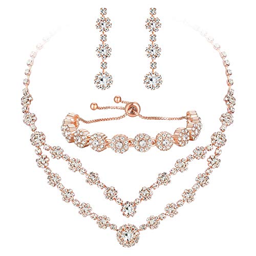ABDOT Clear Rhinestone Bridal Jewelry Sets for Women Crystal Necklace Earrings Bracelet Set Silver-Tone Wedding Bridal Bridesmaid Gifts fit with Wedding Dress