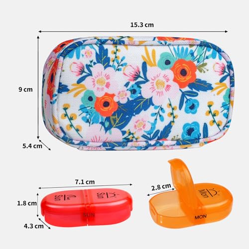 Serfeymi Pill Boxes 7 Day 2 Times a Day AM PM Medicine Organiser Weekly Tablet Organiser Rainbow Pill Box with Portable Zipper Canvas Pill Case for Pills, Supplement, Fish Oils, Vitamin- Bloom 01