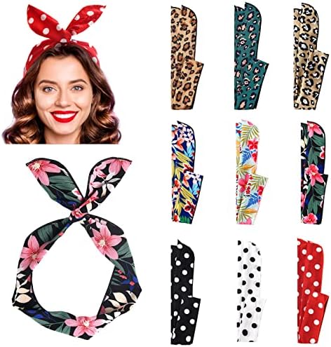 Yeshan Wire Headbands for Women, Wired Twist Bow Headbands, Polka Dot Leopard Floral print Hair tie Hair scarf Headbands Rabbit Ears Headbands for Women Girls,Pack of 9