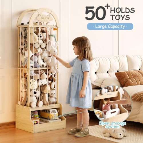 Image of Arched Stuffed Animal Storage Organizer, Wooden Stuffed Animal Zoo Holds 50+ Plush Toys, FSC Pine Wood Plush Toy Holder with Thick Elastic Cords, Open Bottom Cubby for Kids Room Nursery Playroom